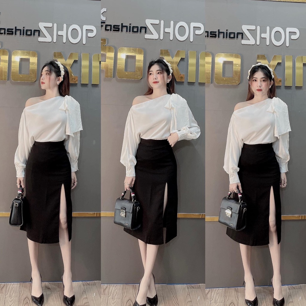 Set thiết kế áo lụa, chân váy bút chì xẻ tà cao cấp (S20) | BigBuy360 - bigbuy360.vn