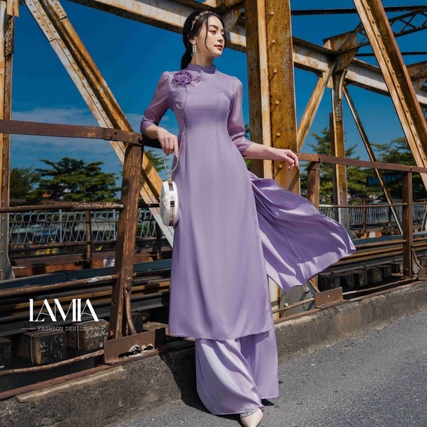 SET ÁO DÀI TƠ ÓNG PHỐI LỤA CÀI HOA NỔI LAMIA DESIGN AD056