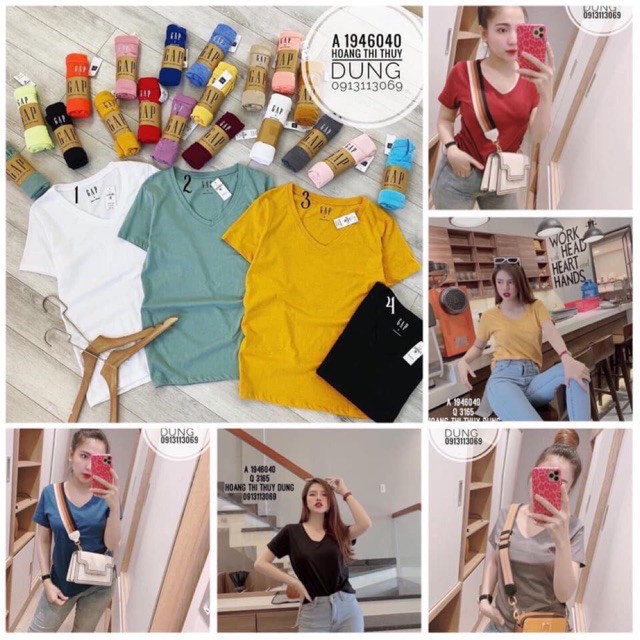 Áo phông cotton cổ tim, áo cuộn nhiều màu