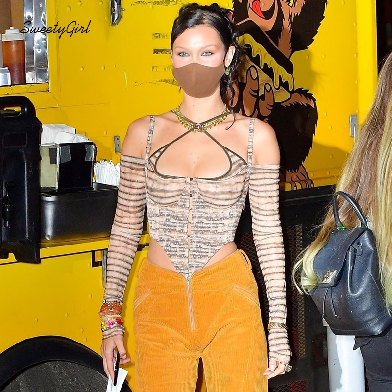 Áo Croptop Trễ Vai Tay Dài Cài Nút Trước In Họa Tiết Thời Trang Cho Nữ