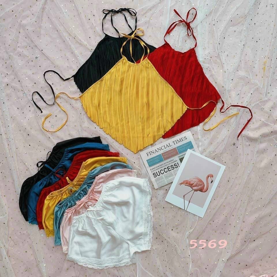 MẪU HÓT  Yếm ngủ dập ly - Đồ ngủ chật lụa satin cổ yếm hở lưng 2 size L XL
