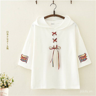 Áo hoodie tay ngắn dáng rộng chất liệu mềm mại thêu họa tiết phong cách mùa nhật bản thời trang mùa hè cho nữ