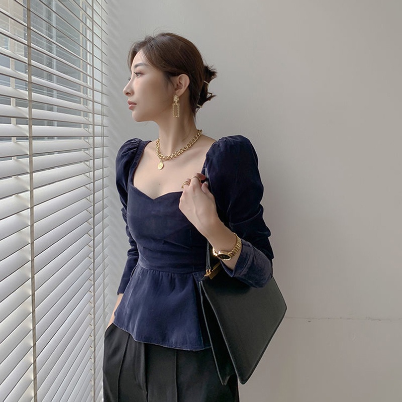 Áo kiểu IELGY vải nhung cổ vuông dài tay màu xanh dương thời trang retro kiểu Pháp