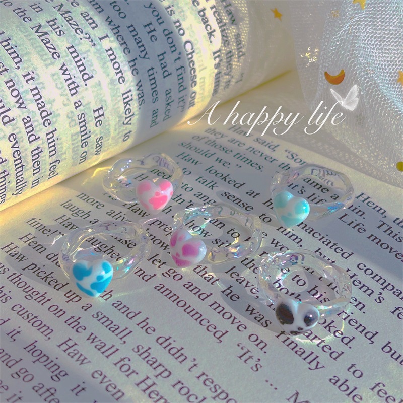 Nhẫn Nhựa Resin Trong Suốt In Hình Trái Tim Phong Cách Hàn Quốc Thời Trang Cho Nữ