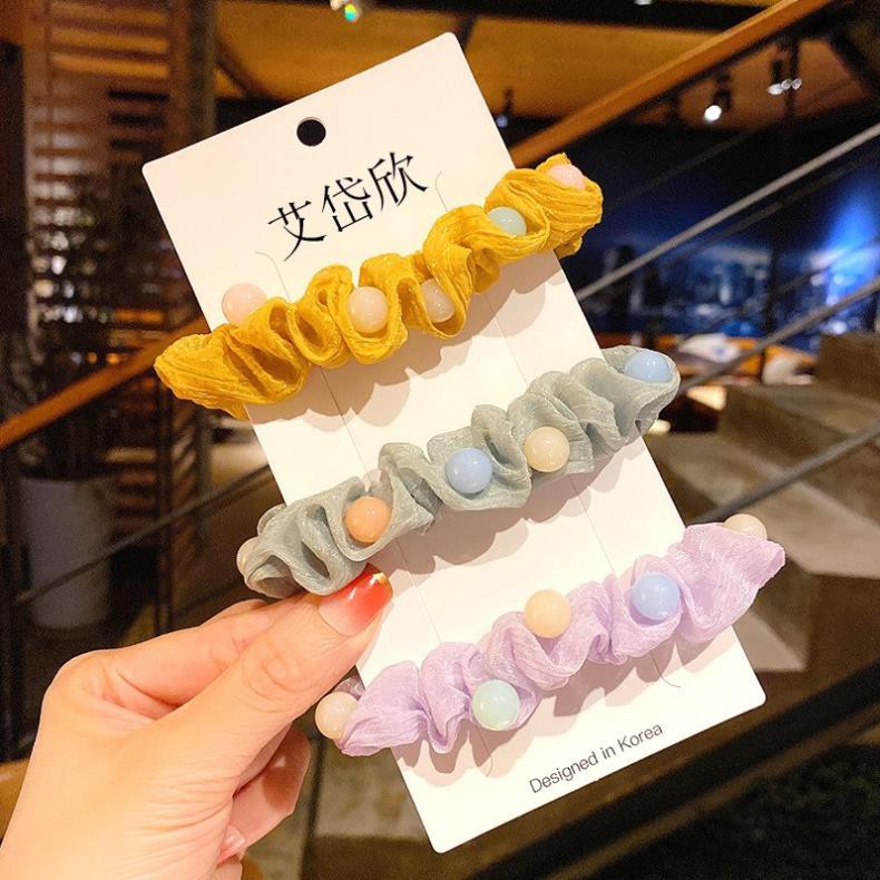 Dây Buộc Tóc Vải SOLANO Dây Buộc Tóc Scrunchies Nữ Đính Phụ Kiện Ngọc Nhân Tạo Xinh Xắn FAH-001255