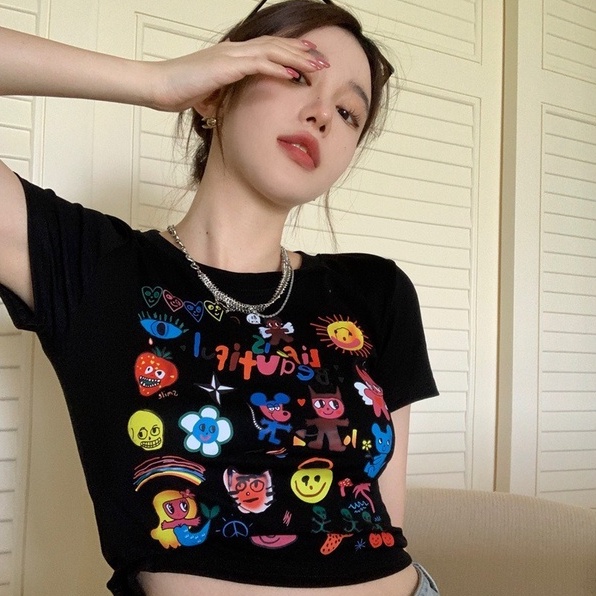 Áo thun ZHELIHANGFEI ngắn tay in họa tiết hoạt hình xinh xắn gợi cảm