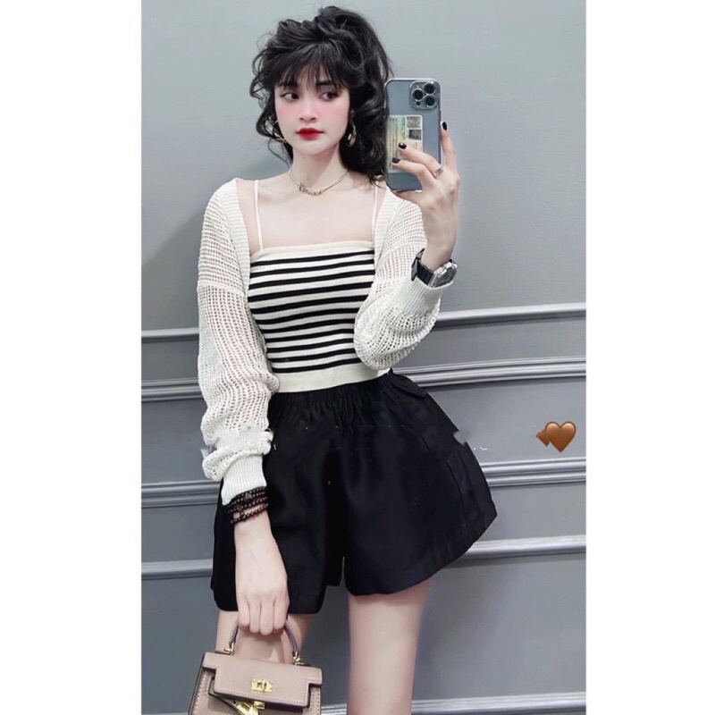 Set áo len 2 dây kẻ croptop kèm khoác len dệt kim siêu xinh