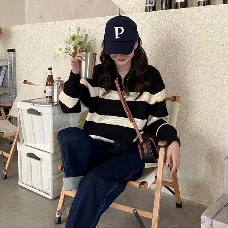Áo dệt kim ZHELIHANGFEI dài tay cổ polo dáng rộng kẻ sọc ngang thời trang