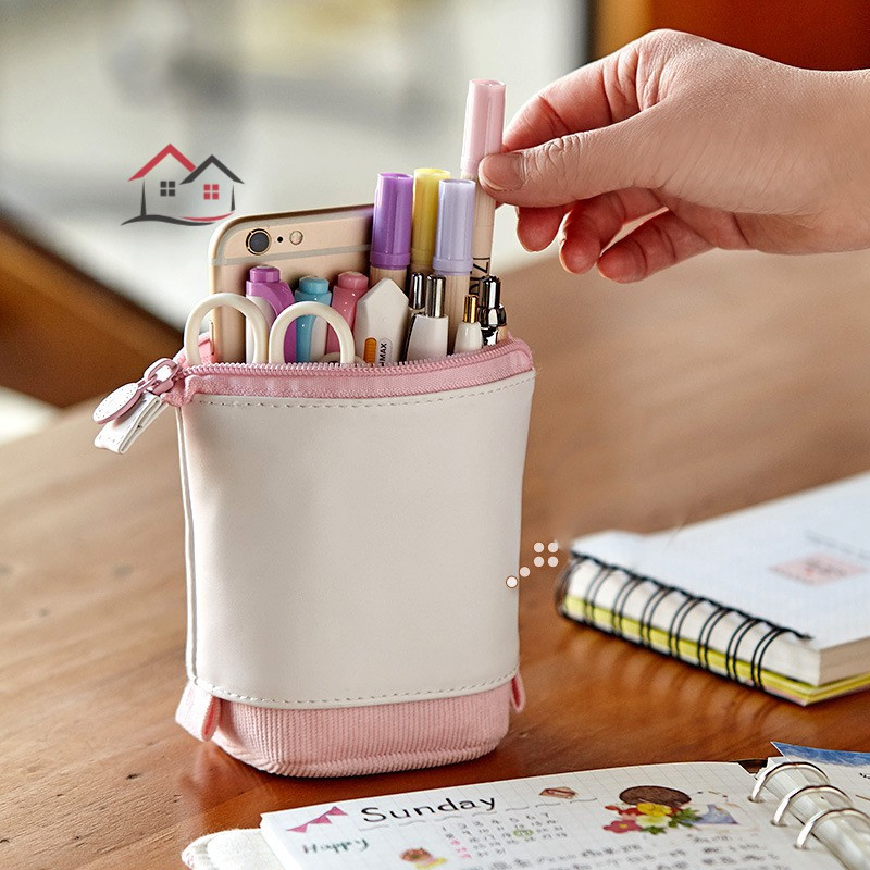 Kglg Pop-up Pencil Case Telescopic Holder Stationery Case PU Corduroy Stand-up Transformer Bag Large Capacity Gift for Kids