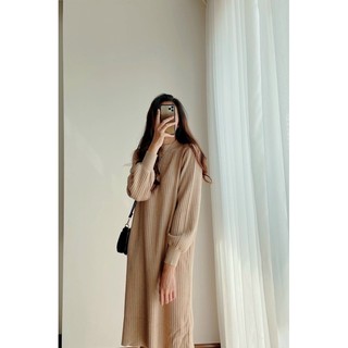 ĐẦM DÁNG SUÔNG BASIC TAY DÀI CỔ TRÒN LEN GÂN DỄ MẶC