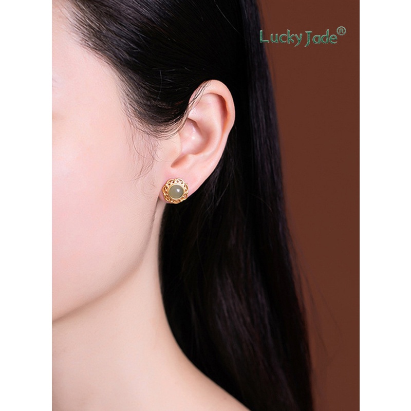 Bông Tai Bạc 925 Đính Đá Ngọc Bích Màu Xám Đỏ Cá Tính Phong Cách Vintage Dành Cho Nữ