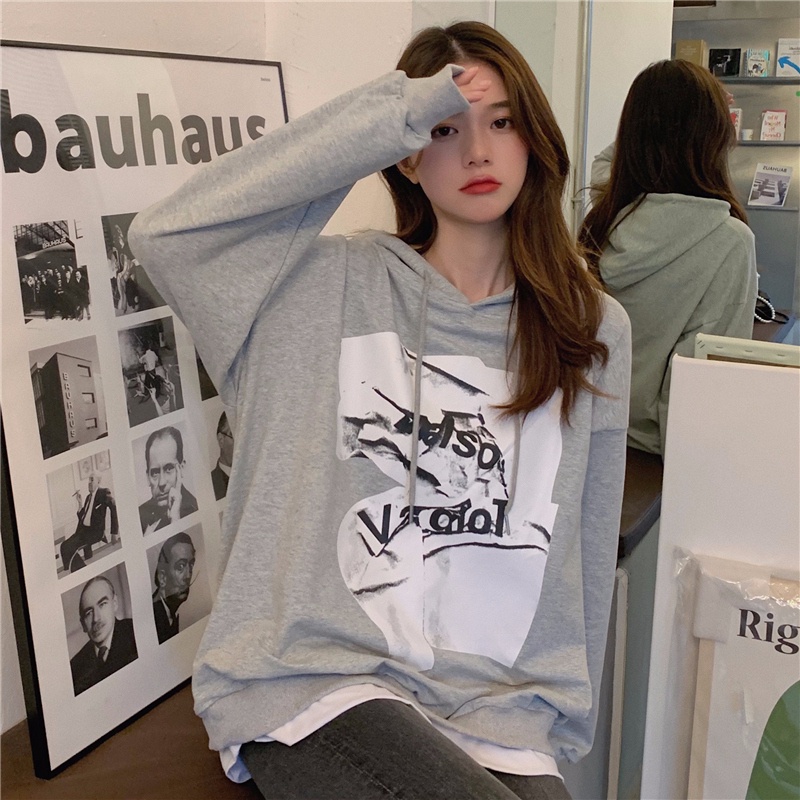 ZHELIHANGFEI Áo Hoodie Thể Thao Dài Tay Dáng Rộng Giả Hai Lớp Cá Tính
