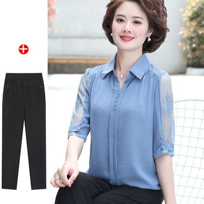 (HÀNG SẴN) Bộ Đồ Trung Niên Tay Lỡ Phối Ren Sang Trọng AB12 - Hàng Quảng Châu Cao Cấp