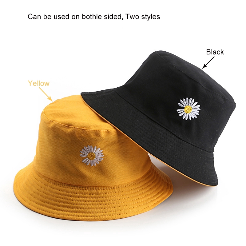 Mũ Bucket chống nắng thêu họa tiết hoa cúc hai mặt bằng cotton thời trang