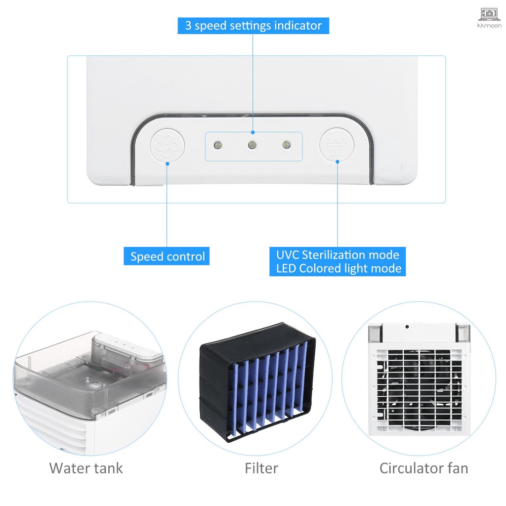 Kkmoon Quạt Điều Hòa Không Khí Usb 3 Tốc Độ 41 F Có Đèn Led Uv Nhiều Màu Cho Phòng Ngủ / Văn Phòng