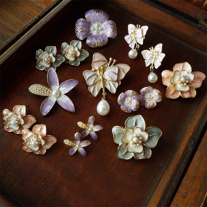 Ghim Cài Áo Hình Hoa / Bướm Tráng Men Tím / Hồng Phong Cách Cổ Điển Thời Trang Xinh