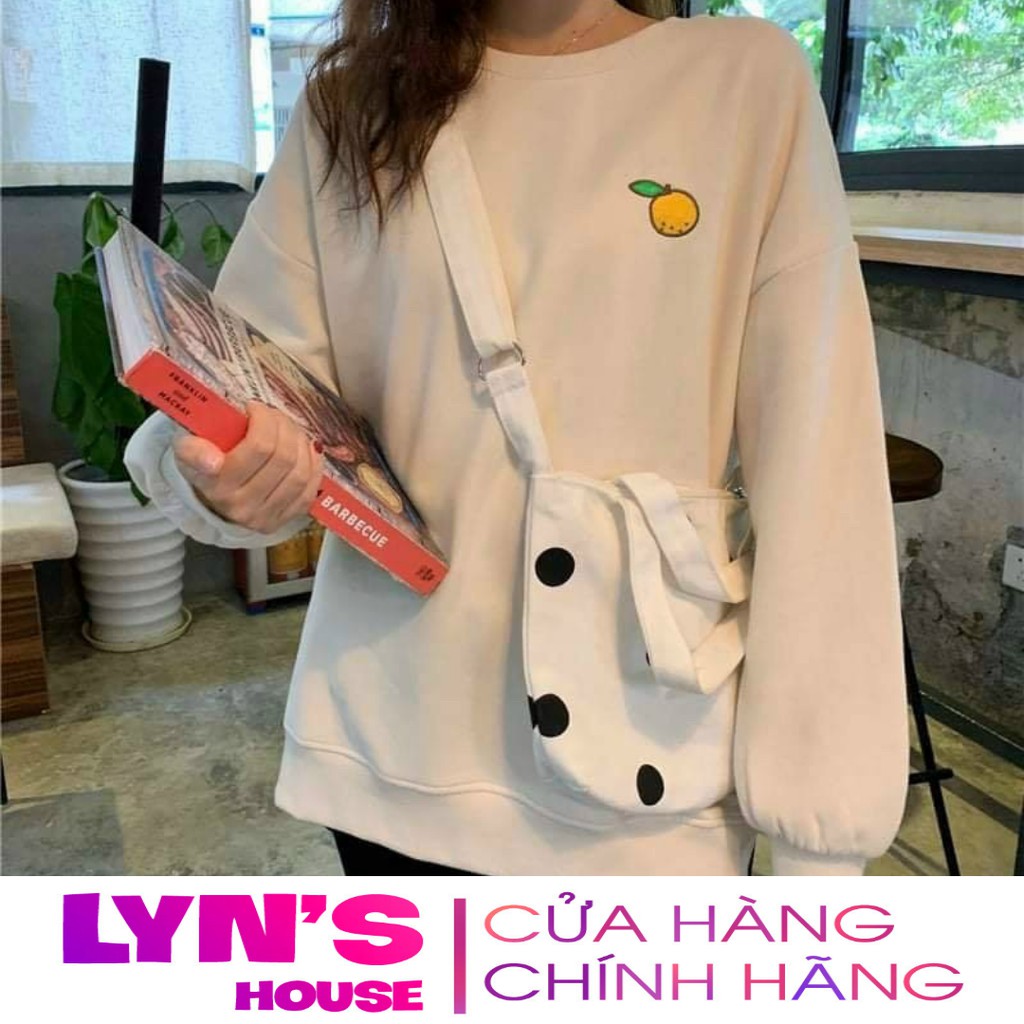 Áo tay dài sweater nỉ Lyn House thêu hình trái cây cho nam nữ và cặp đôi, form rộng unisex 4 màu hồng kem vàng xanh | BigBuy360 - bigbuy360.vn