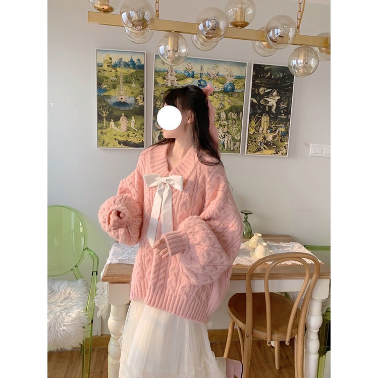 UIOWOO  Áo Sweater Dệt Kim Cổ Chữ v Dáng Rộng Màu Hồng Thời Trang Mùa Đông Cho Nữ