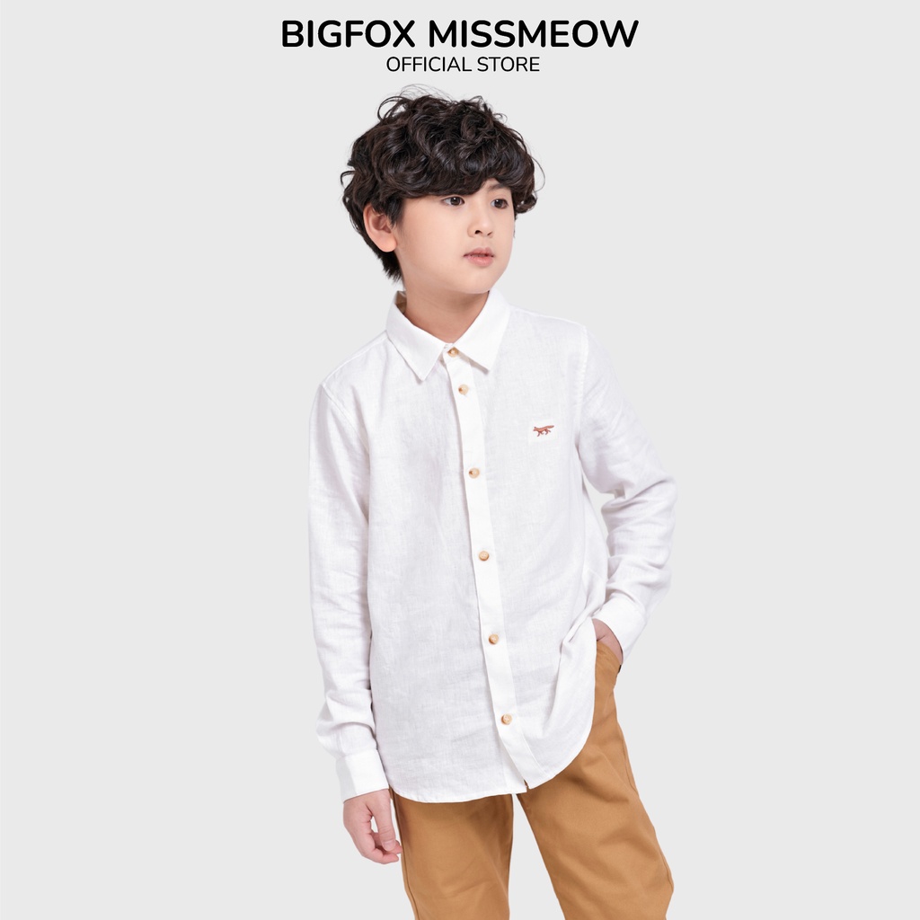 Áo sơ mi bé trai Bigfox - Miss Meow chất linen mềm mại màu trắng kem size trẻ em 5,6,7,8,9,10,11 tuổi