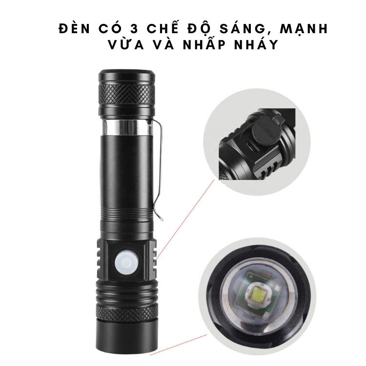 Đèn pin siêu sáng T6 cầm tay sử dụng pin sạc 18650 sạc USB micro.