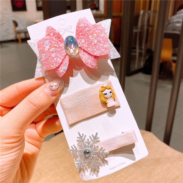 Bộ 3 Kẹp Tóc Nơ / Tuyết / Công Chúa Elsa Xinh Xắn Cho Bé Gái