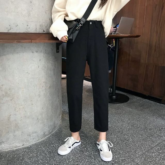 Quần slim baggy jeans đen trơn basic cạp cao ulzzang kèm ảnh thật có BIGSIZE