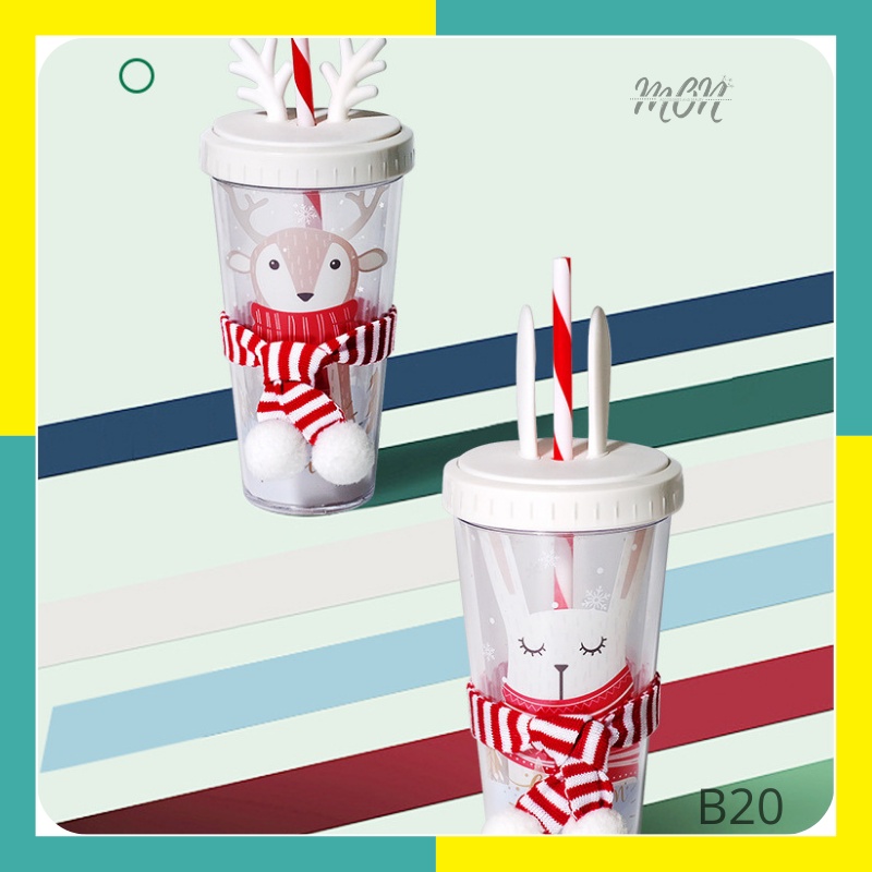🌸sẵn🌸 Ly nước giữ nhiệt 2 lớp nhựa an toàn họa tiết noel thỏ và hươu - B20