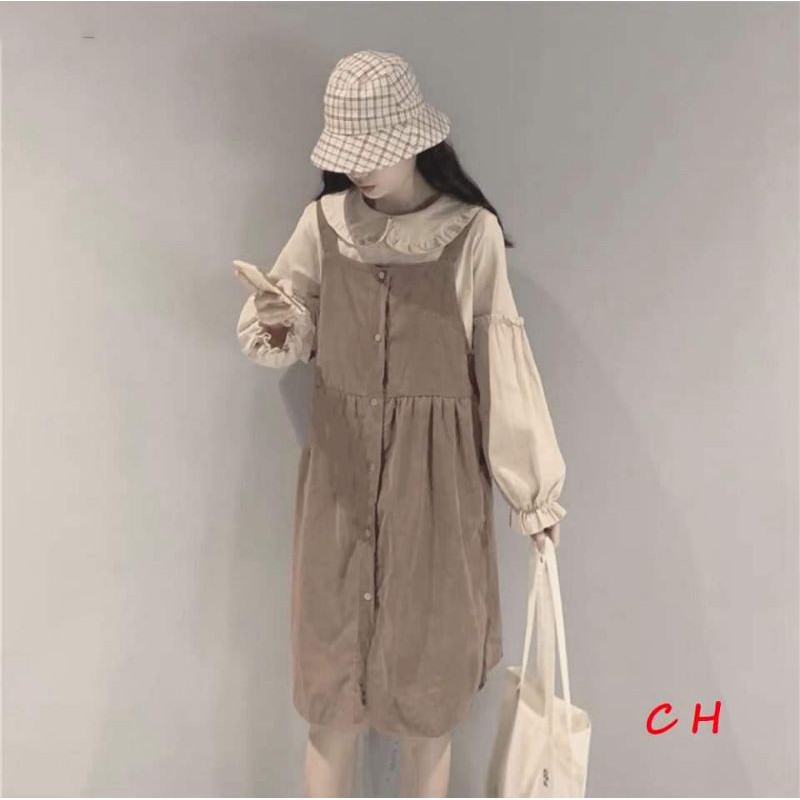 sét đầm nữ🦋sét váy yếm babydoll gồm hai món áo cổ bèo + yếm đũi cúc dọc thân vải mềm mịn freesize dáng ulzzang,vintage | BigBuy360 - bigbuy360.vn