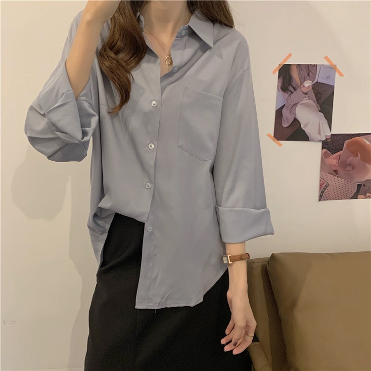 Áo Sơ Mi Cổ Polo Nữ Dài Tay Dáng Rộng Túi Trước Chất Vải Đẹp Phong Cách Ulzzang Vintage Hàn Quốc M2157