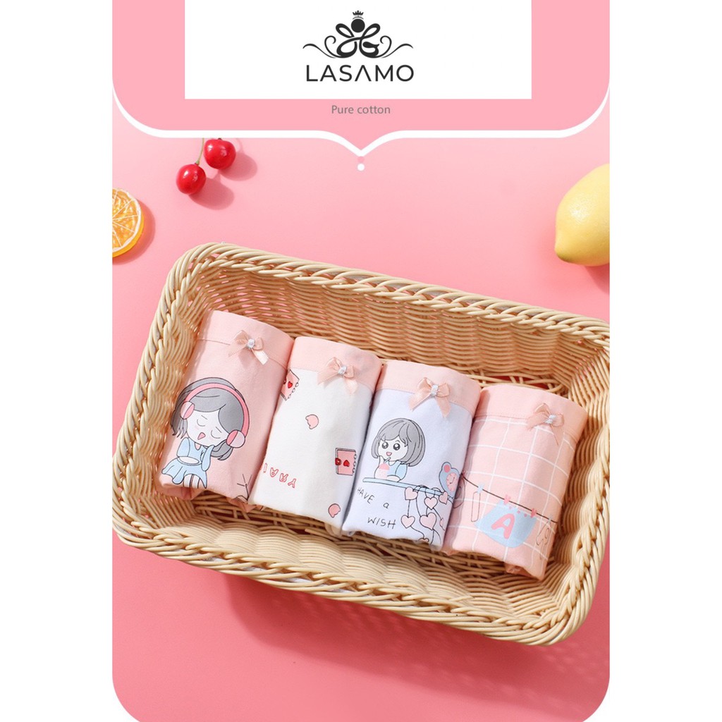 Set 4 chiếc quần chip bé gái, quần lót cho bé gái cotton cao cấp họa tiết Cô gái dễ thương hãng LASAMO mã QLB001