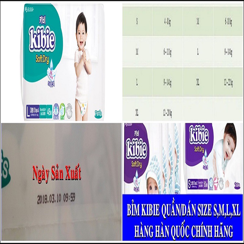 Bỉm KIBIE(Nguyên Tem) Cao cấp Số 1 Hàn Quốc Quần M50/L48 Dán S50/M48/L44/XL42/XL25