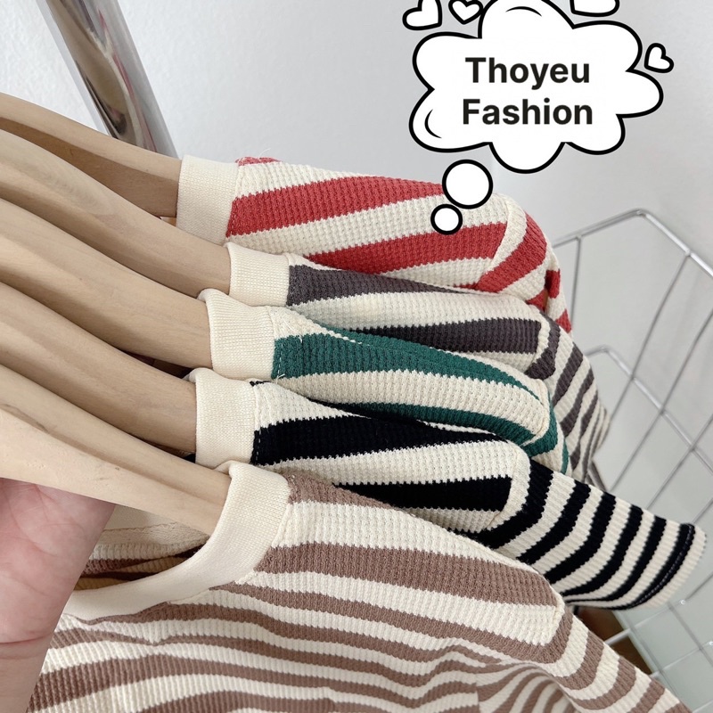 Áo Thun nữ kẻ ngang nhiều màu cộc tay chất tổ ong cao cấp, Áo kẻ cổ tròn phong cách Hàn Quốc hàng Quảng châu M7029