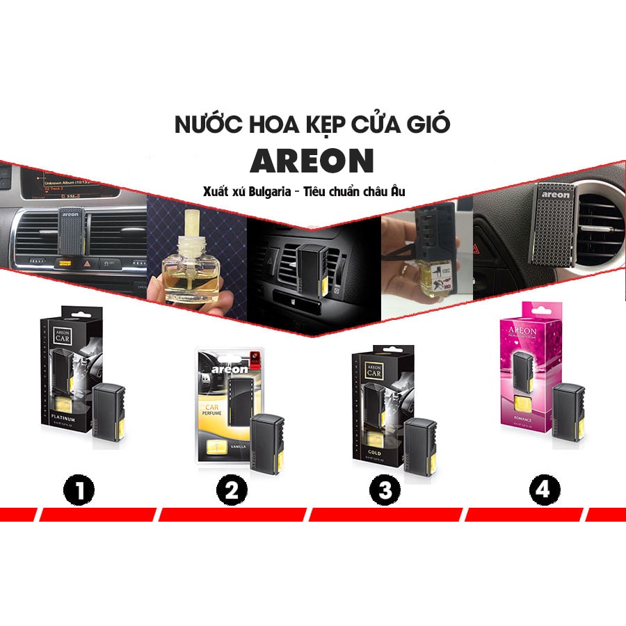 Nước hoa ô tô khử mùi hôi xe Areon hương Gold, Platinum, Vani, Romance, Spring kẹp cài cửa gió điều hòa ĐNB