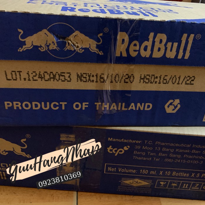 Bò húc Redbull chai thuỷ tinh thùng 50 chai Thái Lan (Không có Tiếng Việt)