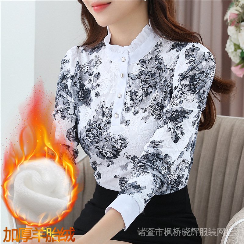 Áo Kiểu Tay Dài Cổ Đứng Phối Ren Dáng Ôm In Họa Tiết Thời Trang Thu Đông Xinh Xắn Cho Nữ