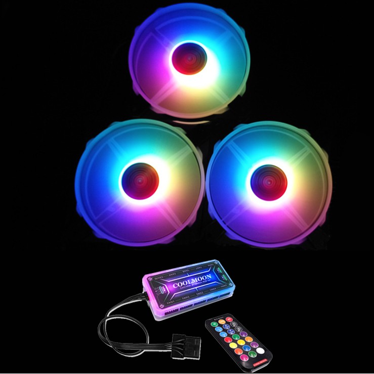Bộ 3 Quạt Tản Nhiệt, Fan Case Coolmoon V5 Led RGB Rainbow 16 Triệu Màu, 366 Hiệu Ứng - Kèm Bộ Hub Và Remote