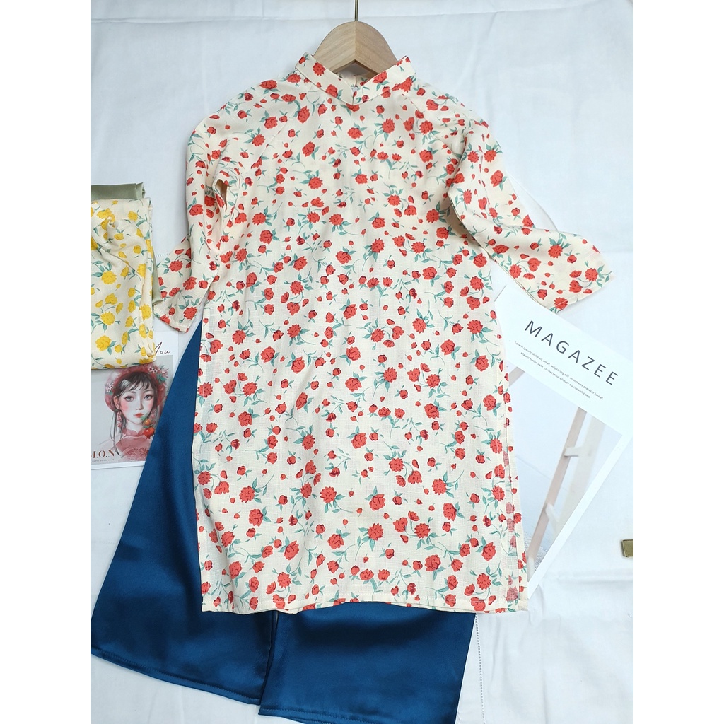 Áo Dài Hoa Nhí Cho Bé Gái Và Mẹ Hạ Vy Hoa Vàng MON