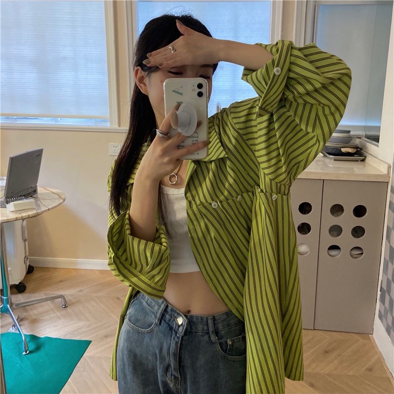 Áo somi màu xanh lá chuối pastel kẻ sọc tay dài dáng thụng oversize hàng cúc chéo phá cách hàn quốc ngầu sơ mi vintage