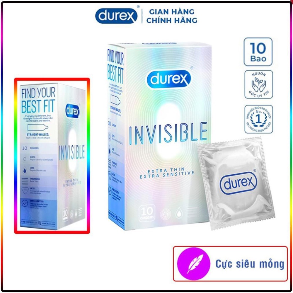 [ FREESHIP BCS DUREX ] Hộp Lớn Bao cao su Durex invisible 1 hộp 10 bao siêu mỏng_baocaosu_durex ( tặng 1  bcs durex nhỏ)