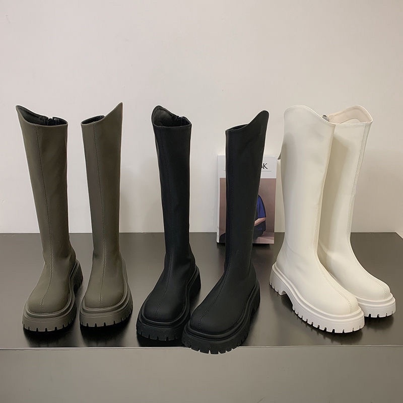 Giày boot đùi nữ cổ vát chéo da lì Bốt đùi nữ da lì cổ vát chéo cá tính
