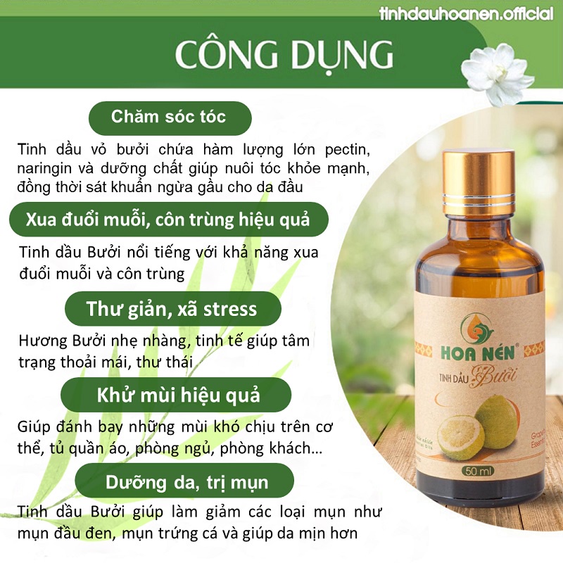 Tinh dầu bưởi nguyên chất Hoa Nén 10/30/50ml - Giúp xông phòng khử mùi, diệt khuẩn, giảm căng thẳng, mệt mõi