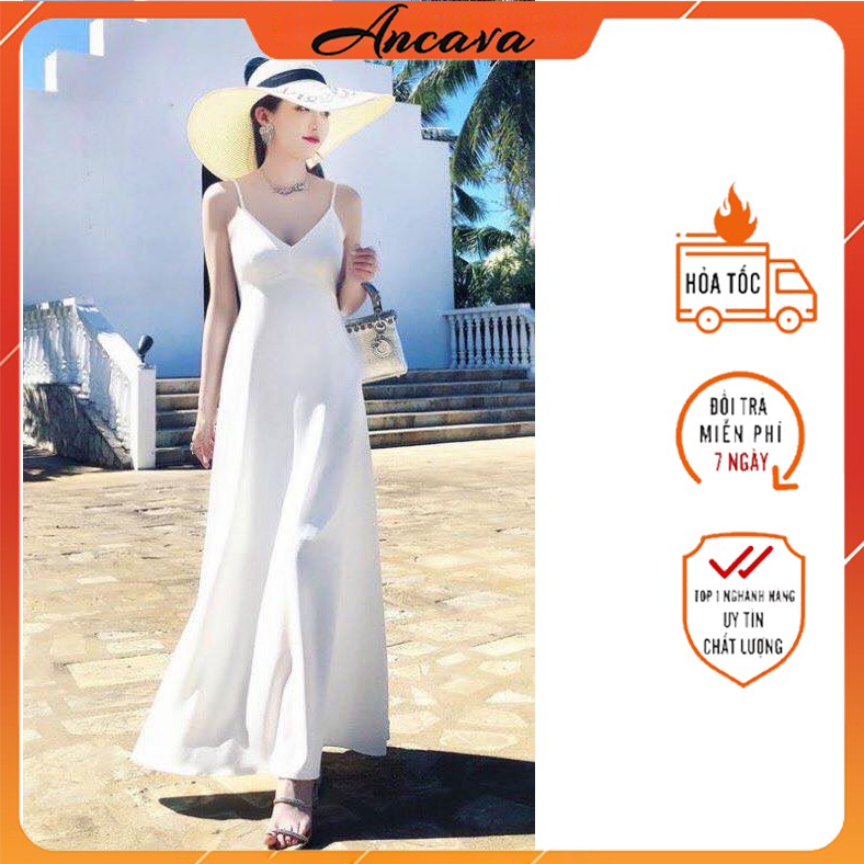 Váy Maxi Trắng - Maxi Đi Biền Hở Lưng Mầu Trắng - Đen