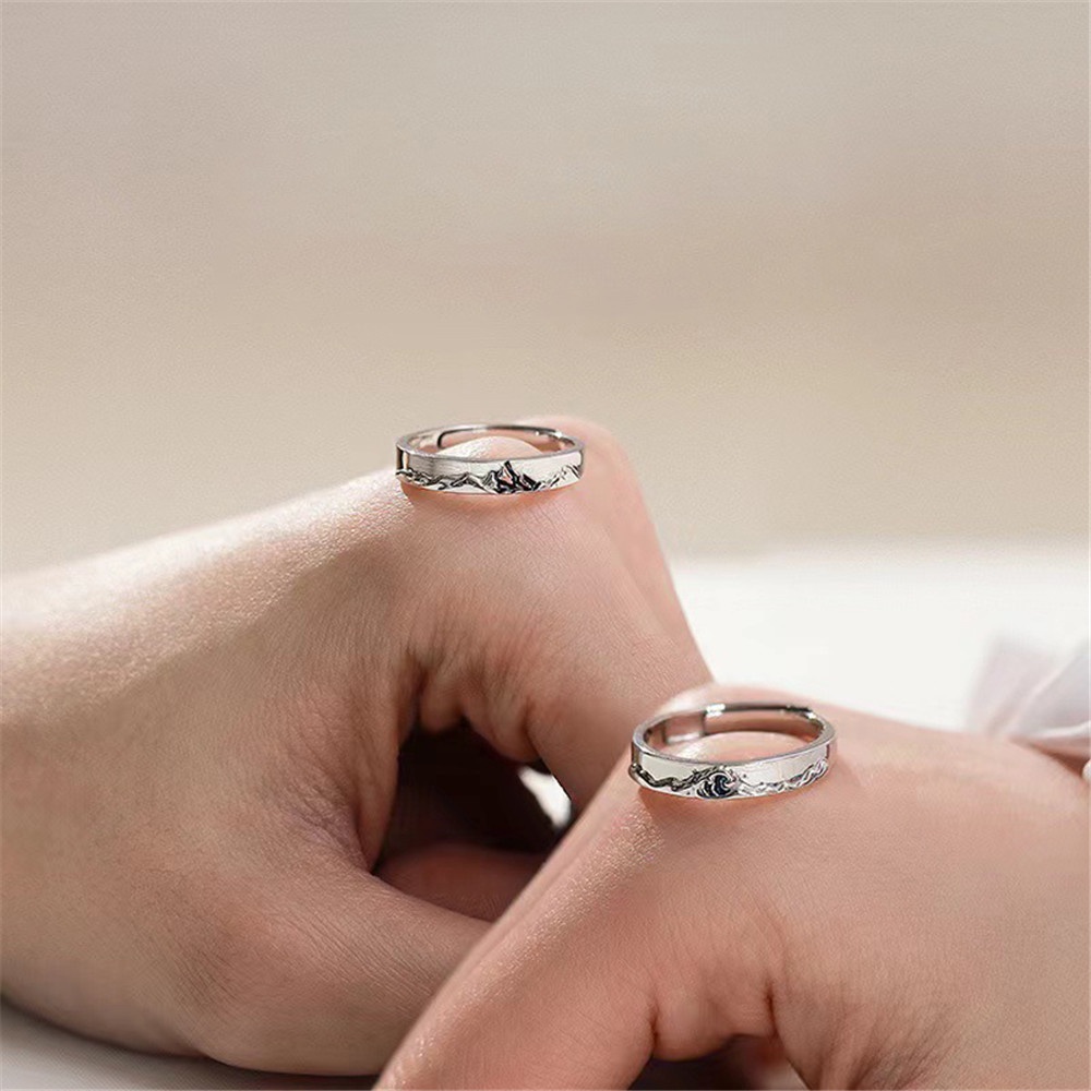 Set 2 Nhẫn Đính Hôn Khắc Hình Núi Biển Dành Cho Cả Nam Và Nữ