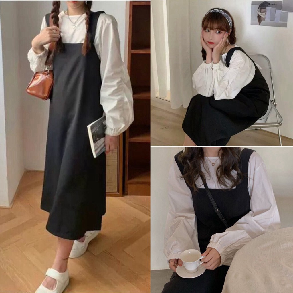 Set yếm váy kaki dáng thụng ullzang - Yếm dài Hàn Quốc mix áo phông dài tay trắng | BigBuy360 - bigbuy360.vn