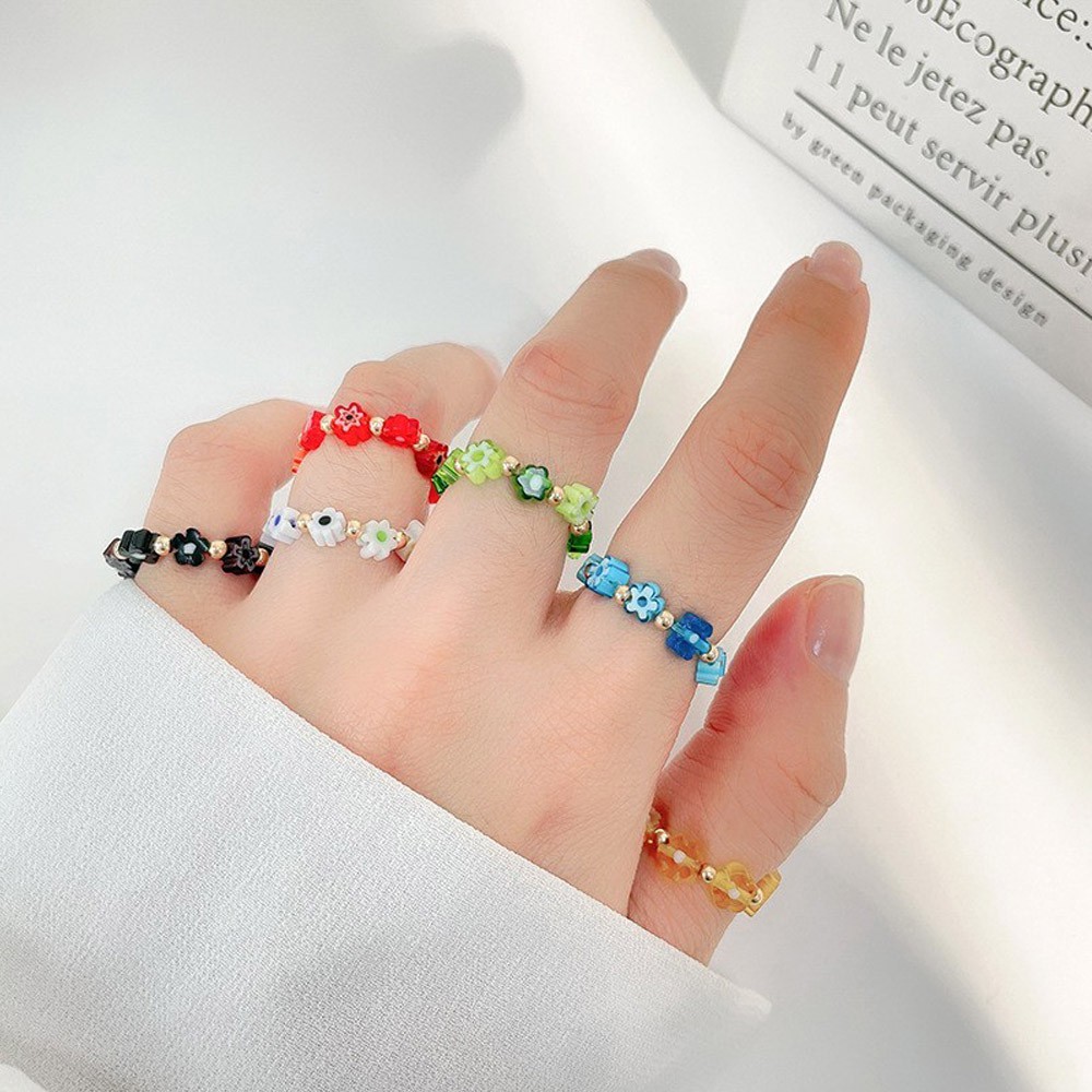 ROSE Vintage Round Beaded Finger Ring Translucent Splicing Small Flower Rings for Women Splicing Handmade Jewelry MultiColor Korea Acrylic/Multicolor