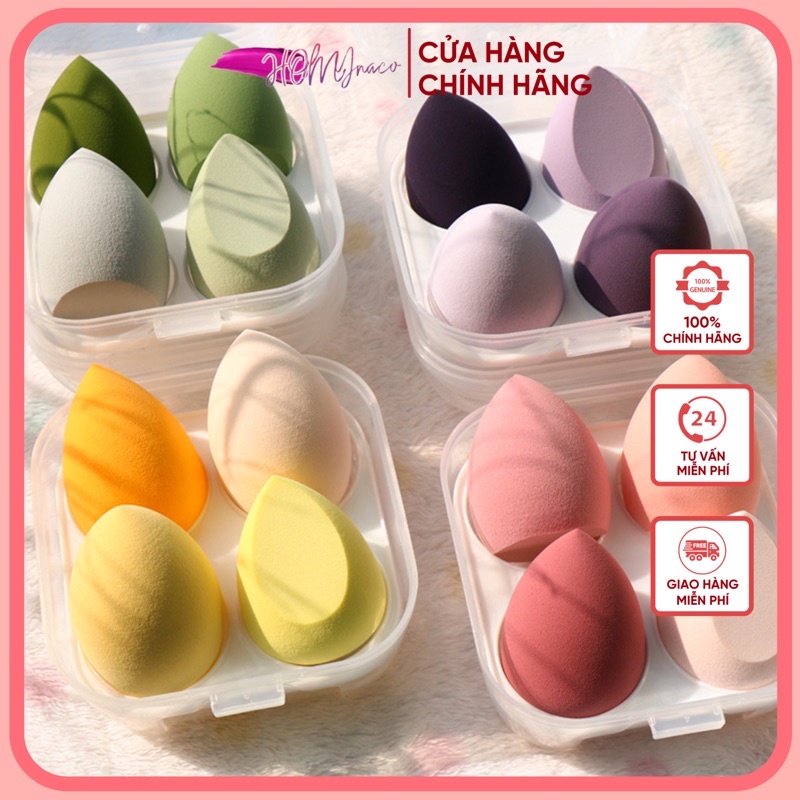 Set 4 mút trang điểm kèm hộp đựng trong suốt - Bộ bông tán kem nền makeup hồng tím xanh vàng