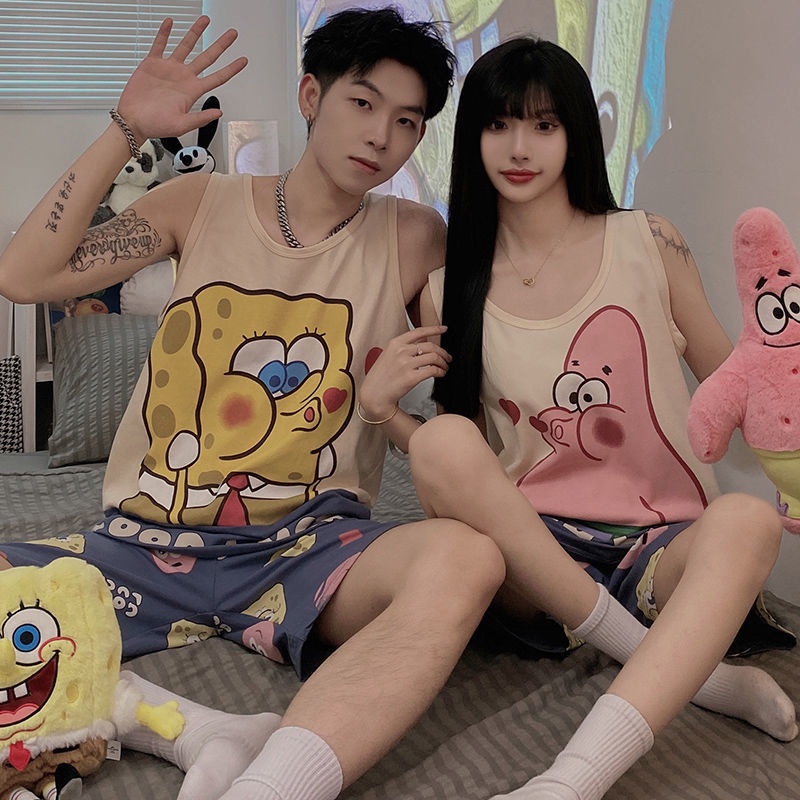 Cặp đôi không tay Bộ đồ ngủ mùa hè Cotton Tank Top Bộ đồ dễ thương