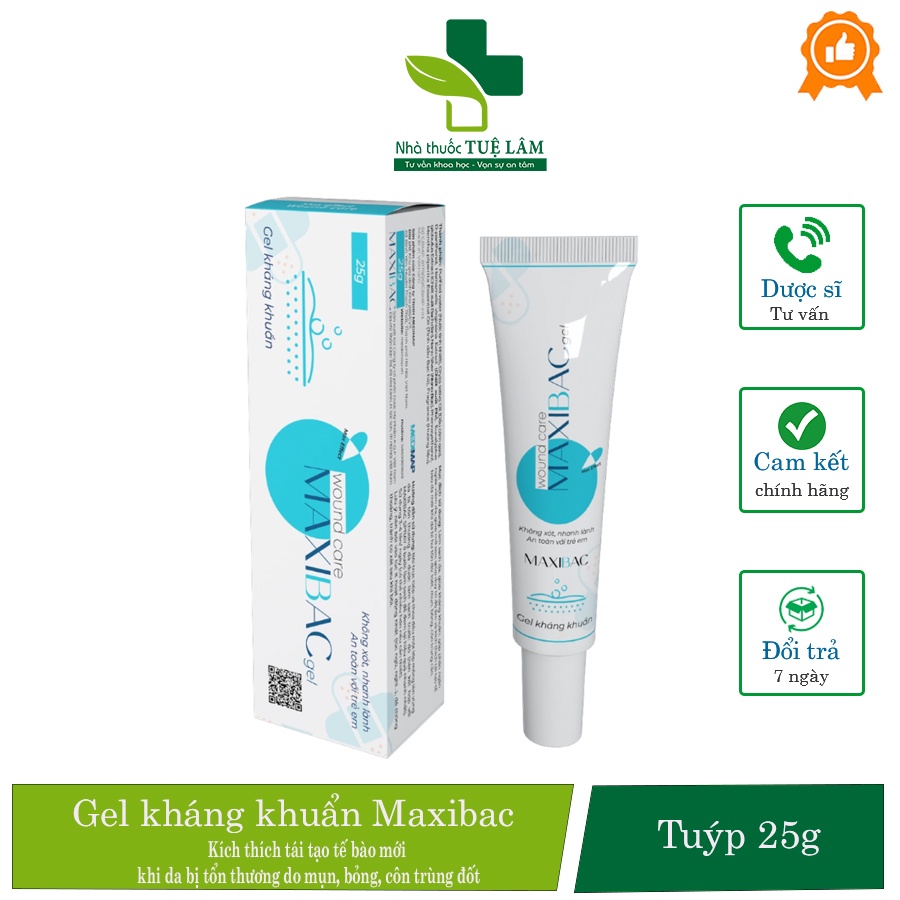 Gel kháng khuẩn Maxibac 25g giúp kháng khuẩn, tại tạo vùng da bị bỏng bô, côn trùng cắn, mụn nhọt