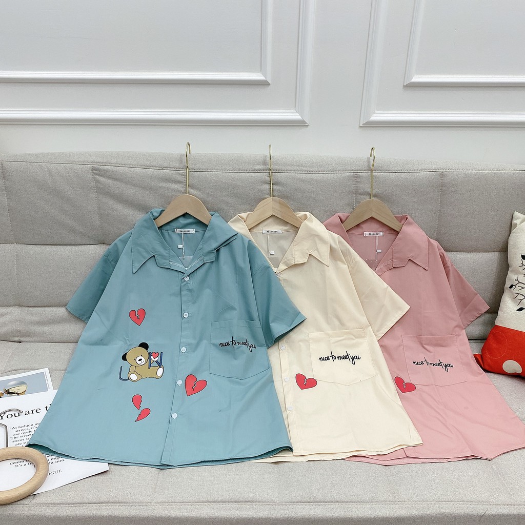 Áo Sơ Mi Gấu Trái Tim Thêu Chữ NICE TO MEET YOU Siêu Cute | BigBuy360 - bigbuy360.vn
