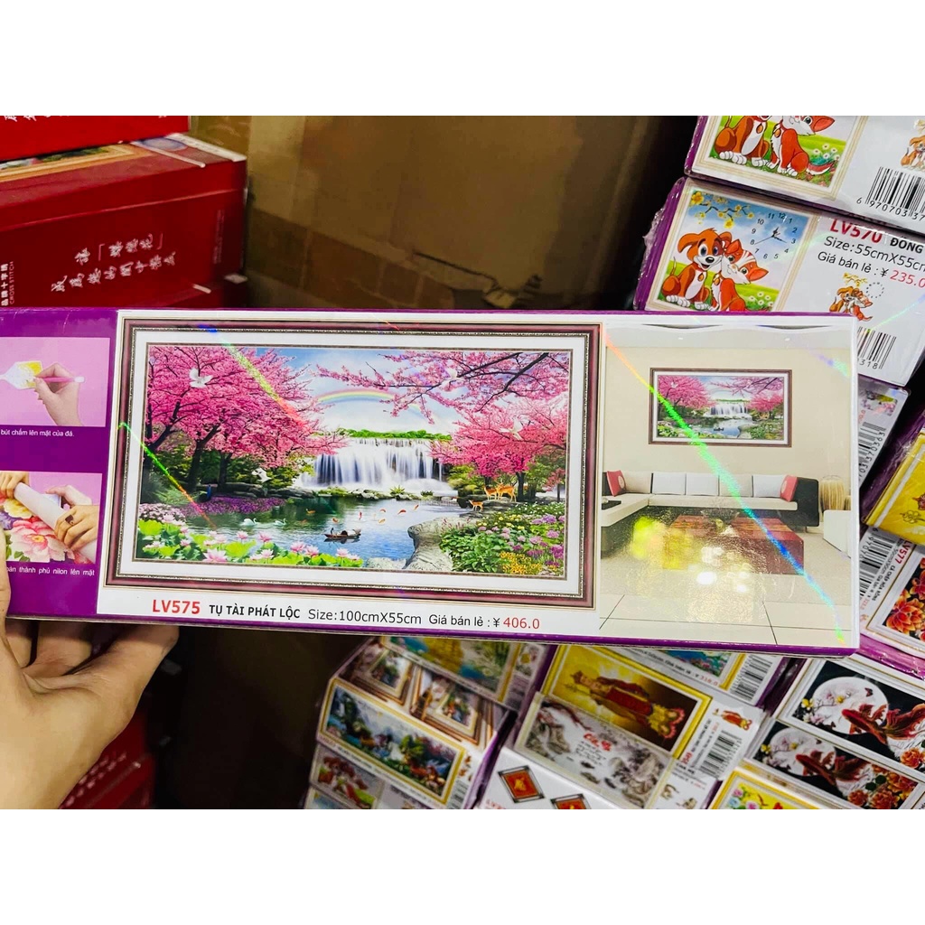 Tranh đính đá phong cảnh Mùa Xuân LV575 - Tranh thêu E63 (KT: 100x55cm) - tranh chưa làm